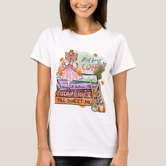 Maar eerst koffie, kleurrijke Herfst Boek Lover T-shirt (Voorkant)