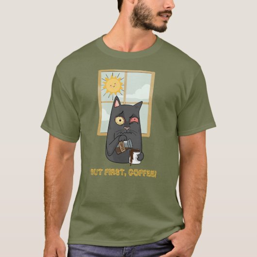 Maar eerst, koffie scharnierende kat gieten Java T-shirt (Voorkant)