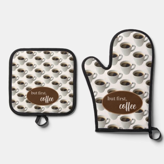 Maar eerst, koffiepatroon ovenwant & pannenlap set (Voorkant)