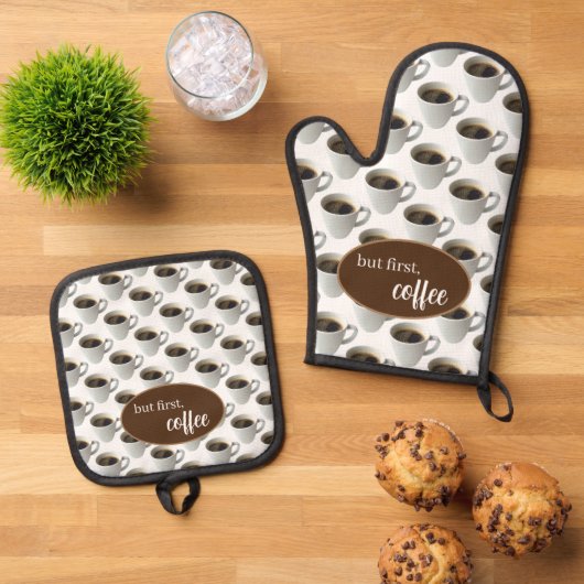 Maar eerst, koffiepatroon ovenwant & pannenlap set (Top down)