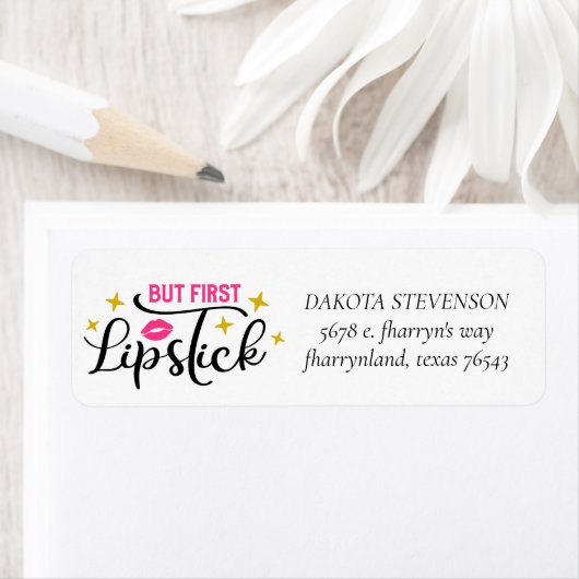Maar eerst lippenstift | Make-uptypografie Adres Etiket (Insitu)
