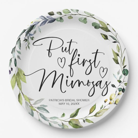 Maar Eerst Mimosas Bruidsmeisjesfeest Papieren Bordje (Voorkant)