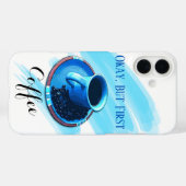 "Maar eerste koffie" Blue Coffee Cup Saucer Bonen Case-Mate iPhone Case (Achterkant (horizontaal))