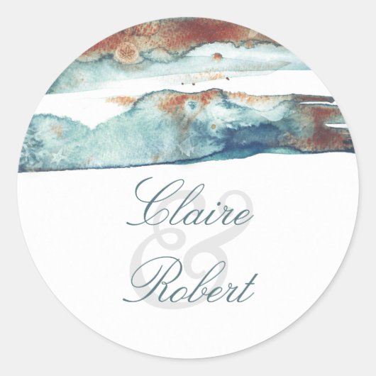 maar Modern Beach Bruiloft Waterverf Ronde Sticker (Voorkant)