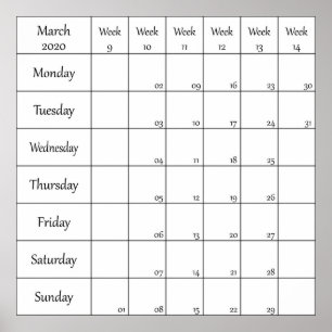maart 2020 planner kalender met weeknummer poster