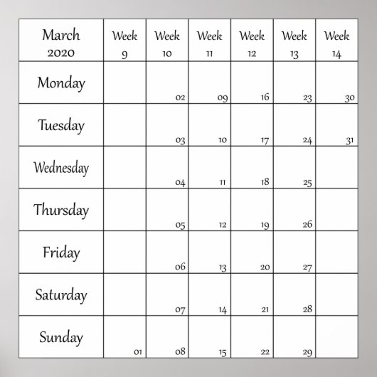 maart 2020 planner kalender met weeknummer poster (Voorkant)