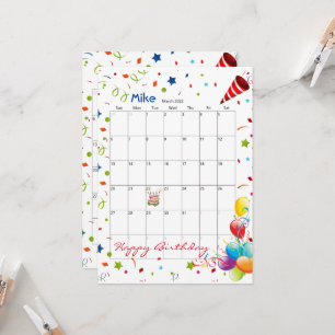 Maart 2022 Kalender Gelukkige Verjaardag Uitnodigi Kaart