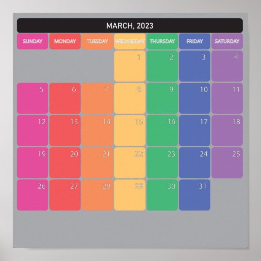 Maart 2023 planner kalender kleur dagen poster (Voorkant)