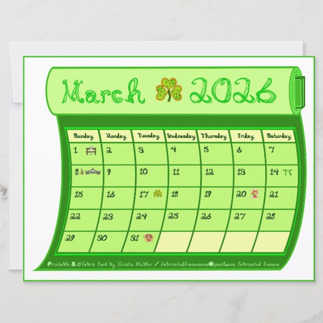 Maart 2026 Maand Groene Kalender Stof Lettertype P (Voorkant)
