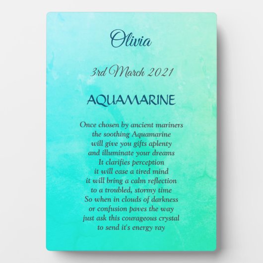 Maart Birthstone Aquamarine Plaque met Easel Fotoplaat (voorkant)
