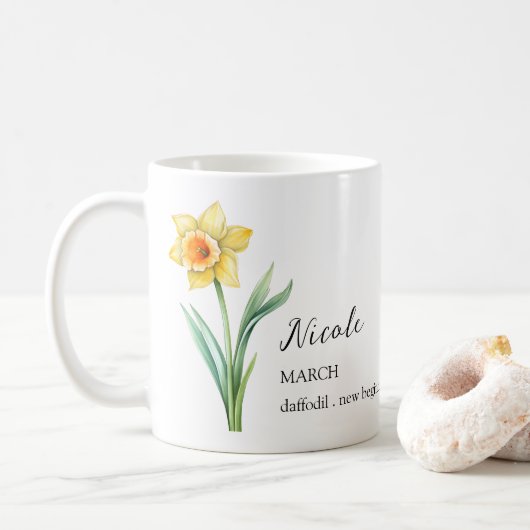 MAART DAFFODIL GEBOORTE BLOEM MAAND NAAM CADEAU KOFFIEMOK (Met donut)