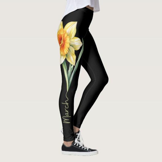 Maart Geboorte Bloem, Gele narcis op Zwart Leggings (Rechts)