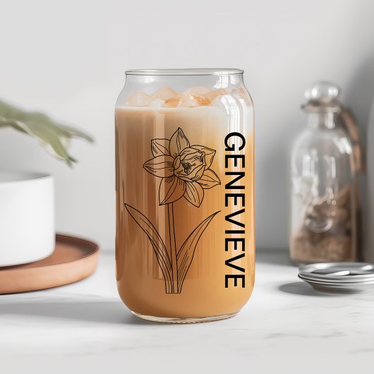 Maart Geboorte Bloem Jonquil met aangepaste naam Blikvorm Glas