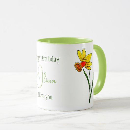 Maart geboortebloem Geel Groen Daffodil Mok (Voorkant rechts)