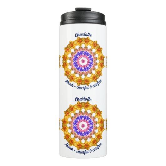 Maart Geboortemaand Bloem Custom Mandala Zen Art Thermosbeker (Voorkant)
