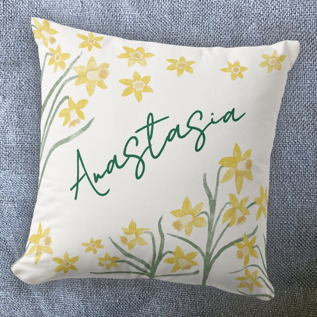 Maart Geboortemaand Narcis Gepersonaliseerd Kussen (March Birth Month Flower daffodil personalized custom name script font watercolor birthday pillow)