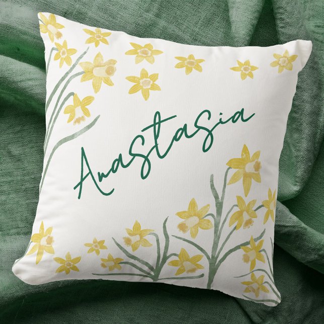 Maart Geboortemaand Narcis Persoonlijk Kussen (March Birth Month Flower daffodil personalized custom name script font watercolor birthday pillow)