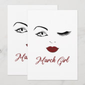 Maart Meisje Ogen Schattige Rode Lippen Wink Verja Feestdagenkaart (Voorkant / Achterkant)