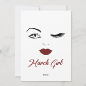 Maart Meisje Ogen Schattige Rode Lippen Wink Verja Feestdagenkaart (Achterkant)