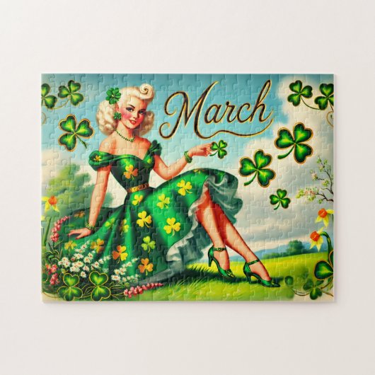 Maart Retro Pin-Up Meisje St. Patrick's Dag Legpuzzel (Horizontaal)