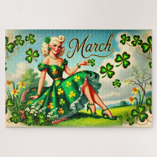 Maart Retro Pin-Up Meisje St. Patrick's Dag Legpuzzel (Horizontaal)