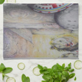 Maasai moeder en kind met Leeuw Art Print Theedoek (Gevouwen)