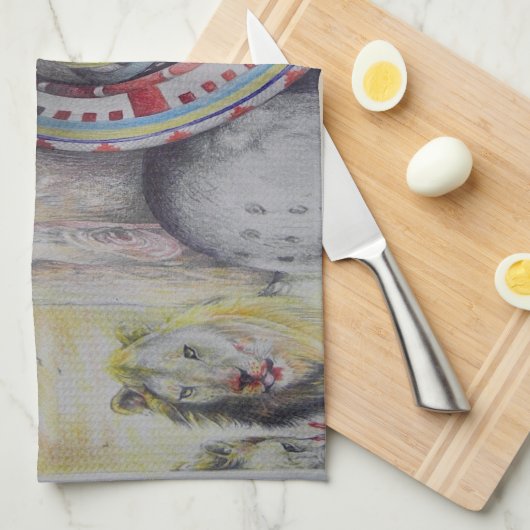 Maasai moeder en kind met Leeuw Art Print Theedoek (Quarter Fold)