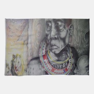 Maasai moeder en kind met Leeuw Art Print Theedoek