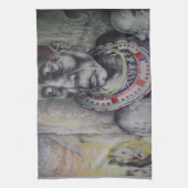 Maasai moeder en kind met Leeuw Art Print Theedoek (Verticaal)