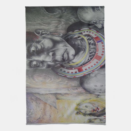 Maasai moeder en kind met Leeuw Art Print Theedoek (Verticaal)