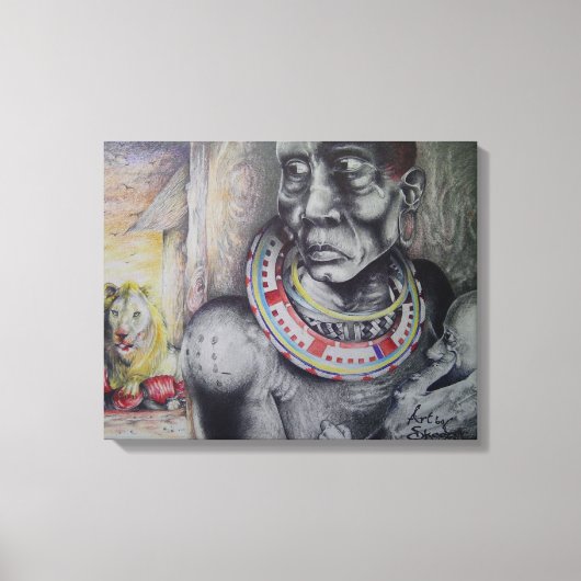 Maasai moeder en kind met Lion Art Print/Graphi Canvas Afdruk (Voorkant)