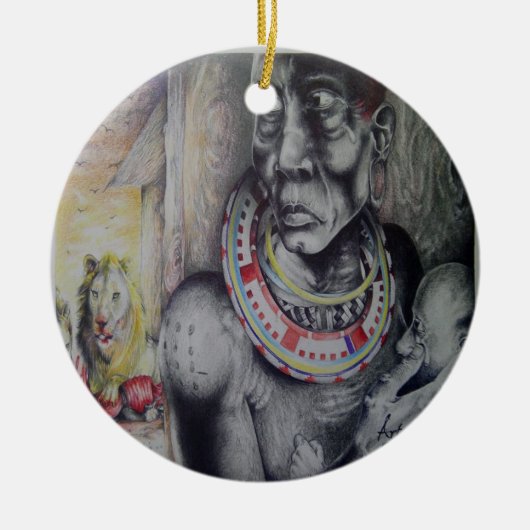 Maasai moeder en kind met Lion Art Print/Graphi Keramisch Ornament (Voorkant)