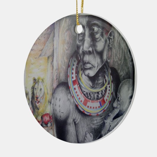 Maasai moeder en kind met Lion Art Print/Graphi Keramisch Ornament (Links)