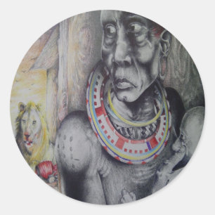 Maasai moeder en kind met Lion Art Print/Graphi Ronde Sticker