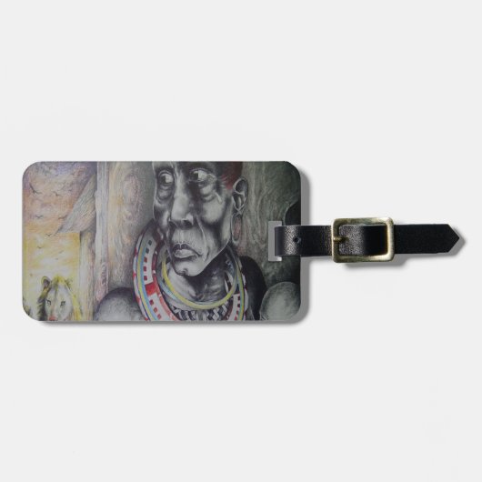 Maasai moeder en kind met Lion Art Print / Graphic Bagagelabel (Voorkant horizontaal)