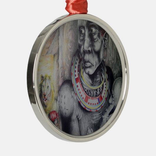 Maasai moeder en kind met Lion Art Print / Graphic Metalen Ornament (Rechts)