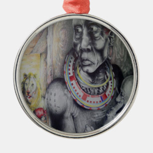 Maasai moeder en kind met Lion Art Print / Graphic Metalen Ornament