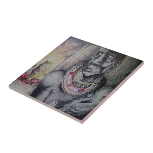 Maasai moeder en kind met Lion Art Print / Graphic Tegeltje (Zijkant)