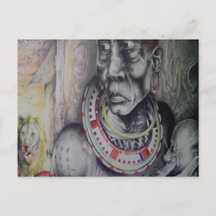 Maasai Moeder & Kind met Leeuw Kunstprint/Grafiek Briefkaart