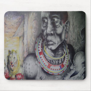 Maasai-moeder & kind met leeuw-kunstprint/grafiek muismat