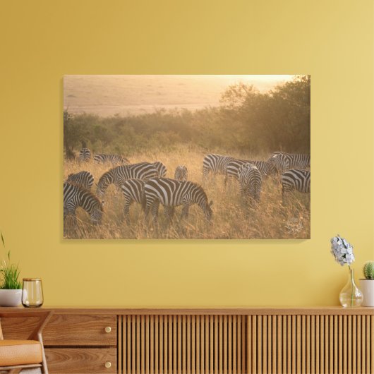 Maasai Morning Zebras Wrapped Canvas Print (Insitu (Woonkamer))