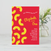 Mac en Cheese Kind 1st Birthday Party Macaroni Kaart (Staand voorkant)