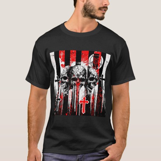 Macabre elegantie: schedels en kruisen in gotische t-shirt (Voorkant)