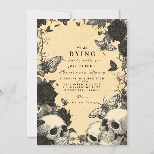 Macabre Gothic Skull en Moth Halloween Soirée Kaart (Voorkant)