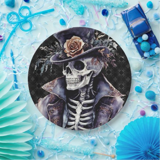 Macabre Oranje & Paarse Waterverf Skelet Papieren Bordje (Feest)