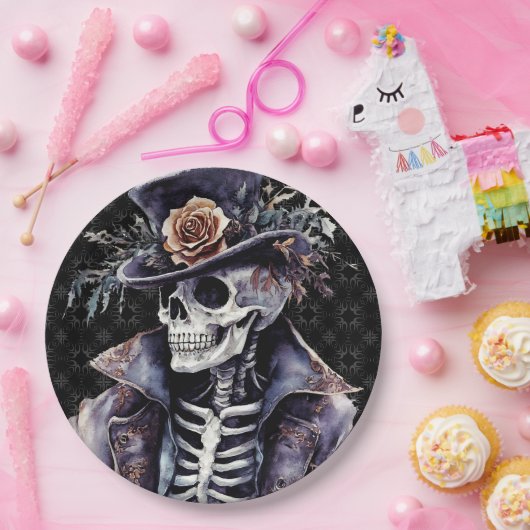 Macabre Oranje & Paarse Waterverf Skelet Papieren Bordje (Feest)