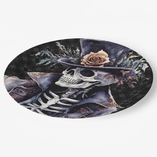 Macabre Oranje & Paarse Waterverf Skelet Papieren Bordje (Gekanteld)