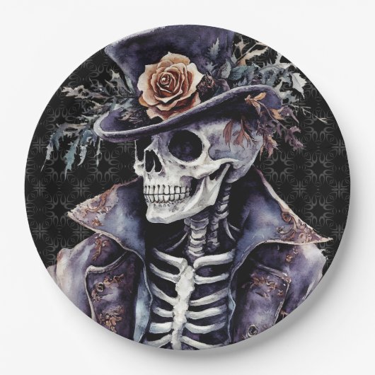 Macabre Oranje & Paarse Waterverf Skelet Papieren Bordje (Voorkant)