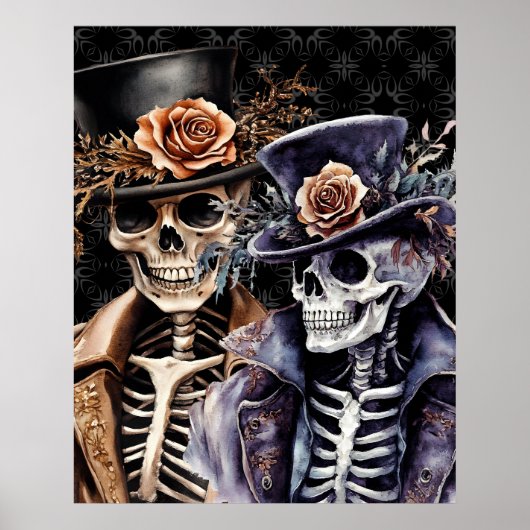 Macabre Oranje & Paarse Waterverf Skelet Poster (Voorkant)