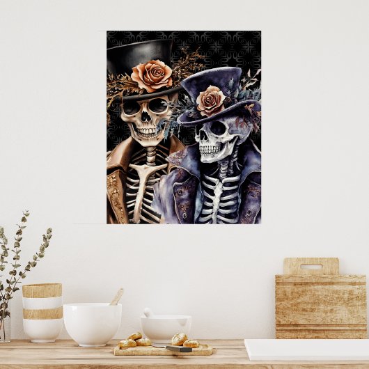 Macabre Oranje & Paarse Waterverf Skelet Poster (Keuken)